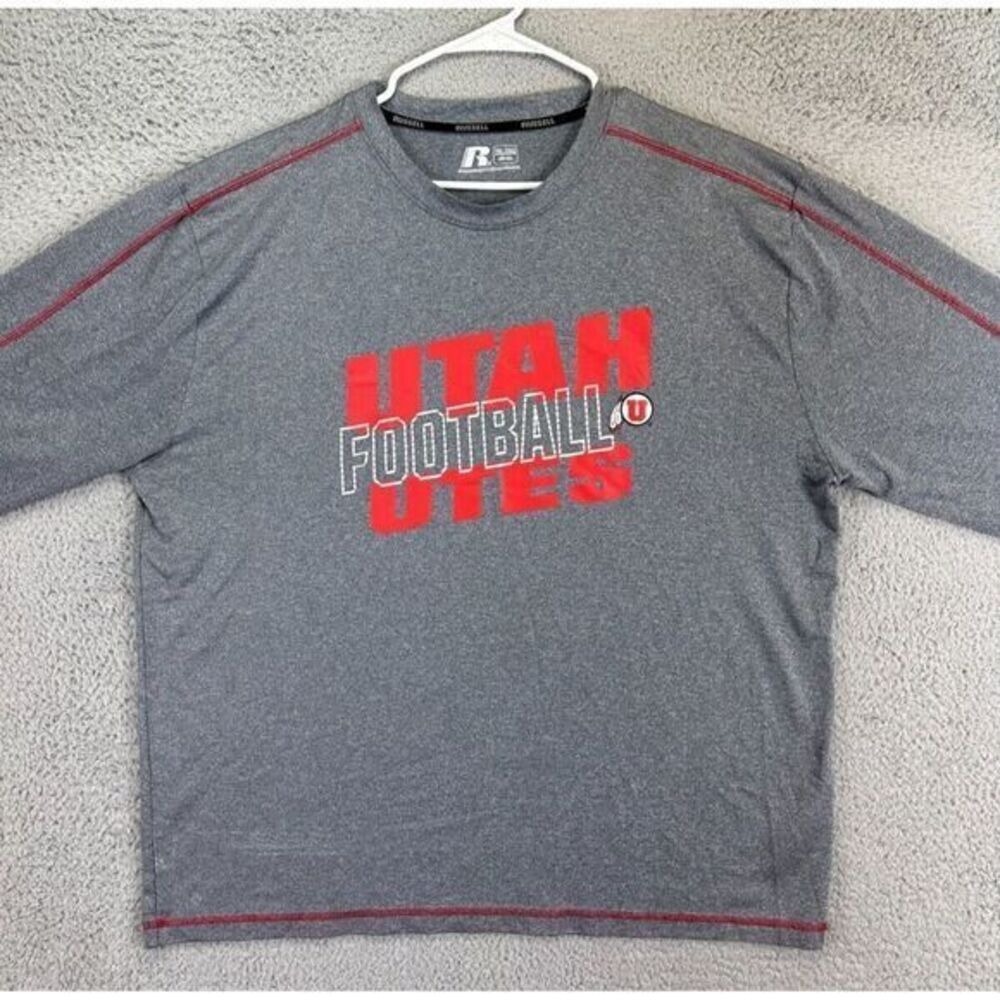 Russell T-Shirt Adult 2XL Grey Red Utah Utes Football Long Sleeve Tee Logo Mens